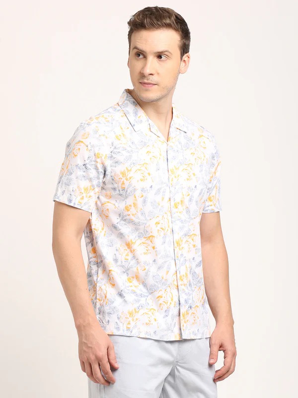 Indian Terrain Men's Slim Fit Half Sleeve All Over Print White Shirt